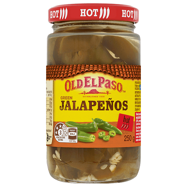 a glass jar of Old El Paso's hot sliced green jalapenos (250g)