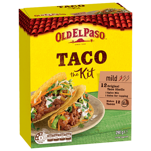 a pack of Old El Paso's mild taco kit containing taco shells, spice mix & salsa for topping (290g)