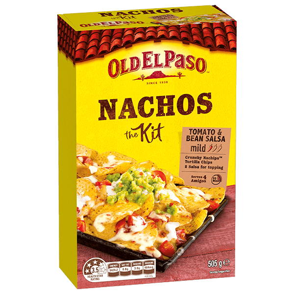a pack of Old El Paso's mild tomato & bean salsa nachos kit containing nachips, tortilla chips & salsa for topping (505g)